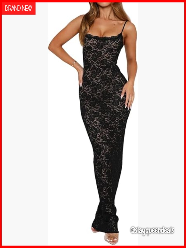 Lace Maxi Dress Spaghetti Strap Slim Fit Sleeveless Gown Evening